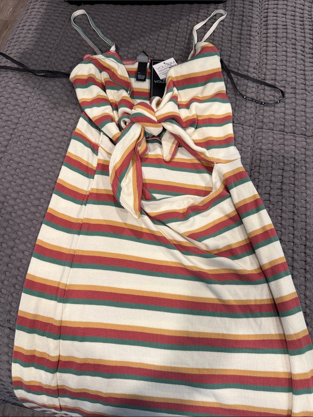 Striped Tie-Front womens Dress in Cream, Red & Green